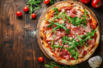Top view of Italian pizza with prosciutto arugula and parmesan