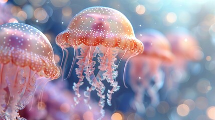   A collection of jellyfish hover above blue-pink waters teeming with numerous tiny, white bubbles - obrazy, fototapety, plakaty