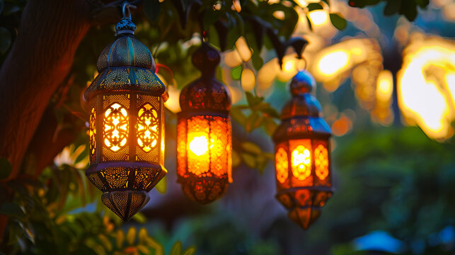 Three lanterns hanging from a tree in the evening.