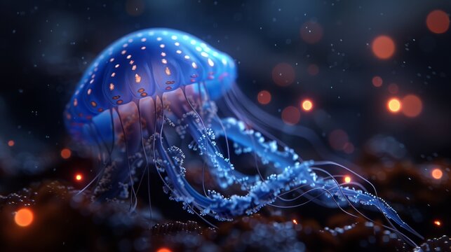   A blue jellyfish floats atop clear water, surrounded by numerous bubbles in its tentacles