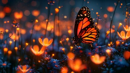   A tight shot of a butterfly on a flower against a backdrop of softly blurred lights, surrounded by a foreground of various blooms