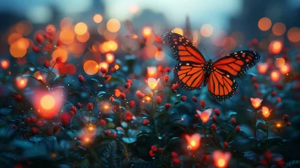 Foto op Plexiglas   A tight shot of a butterfly amidst a flower field with a hazy backdrop of red and yellow lights © Jevjenijs