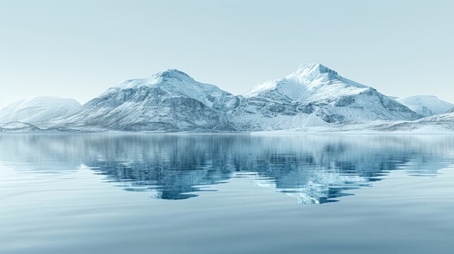   A mountain range mirrors in the tranquil water of a snow-covered lake nestled among it
