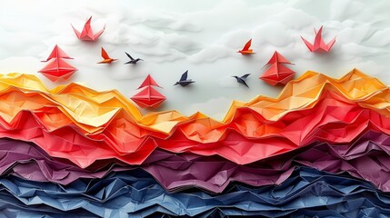   A collection of origami birds perched atop an accumulation of folded origami paper sheets