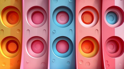   A tight shot of aligned toothbrush holders, displaying distinct colors and centrally located holes - obrazy, fototapety, plakaty