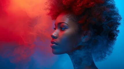  A woman emitting red and blue smoke from her face