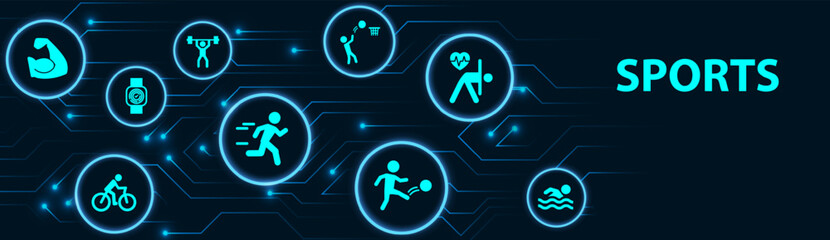 Sports vector EPS 10. Blue concept with no people and icons related to exercising, training and fitness, heart health, healthy and sportive active lifestyle