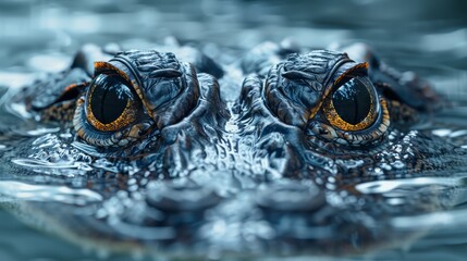   A tight shot of an alligator's face in the water, with eyes open and head half-submerged - obrazy, fototapety, plakaty