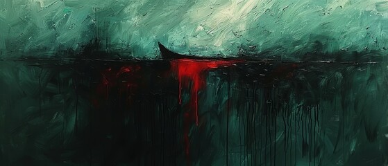   A painting of a red-bottomed boat afloat in a water body - obrazy, fototapety, plakaty
