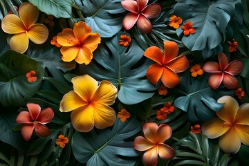 Vibrant Botanical Bliss: Tropical Foliage & Blooms. Concept Botanical photography, Tropical flowers, Greenery backdrop, Colorful leaves