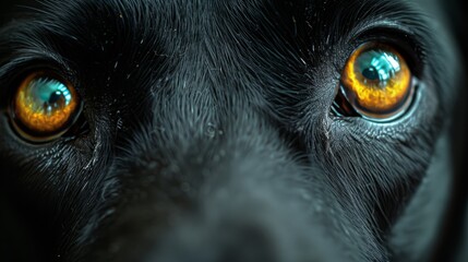   A tight shot of a black dog's head Its eyes are bright yellow The dog's sleek black fur is contrasted by a blue collar encircling its neck - obrazy, fototapety, plakaty