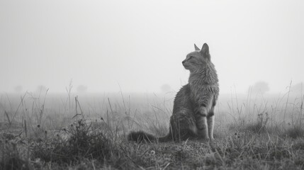   A black-and-white image of a wolf seated in a foggy field, gazing at the sky
