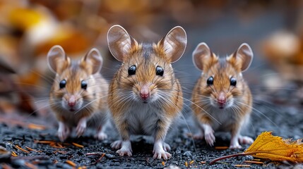   Three brown mice pose together atop a blanket of grass and autumn leaves - obrazy, fototapety, plakaty
