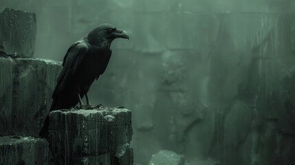 Obraz premium A black bird perches atop a weathered wooden plank against a backdrop of a fog-shrouded stone wall
