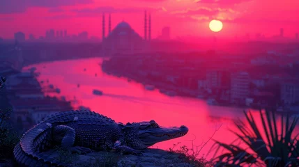 Fototapeten   A crocodile statue perched atop a rock, gazes over a tranquil body of water as the sun sets, with a city backdrop © Jevjenijs