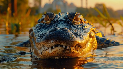   A tight shot of a crocodile's head submerged in water, surrounded by grasses and trees in the background - obrazy, fototapety, plakaty