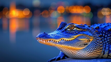   A tight shot of a blue alligator by a water body, with lights in the distance and buildings as a backdrop - obrazy, fototapety, plakaty