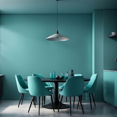 Meeting area or diningroom with large black round table and teal cyan chairs. Empty wall turquoise azure paint color accent. Dinning modern kitchen interior home 