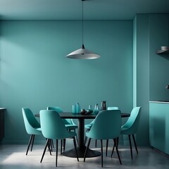 Fototapeta premium Meeting area or diningroom with large black round table and teal cyan chairs. Empty wall turquoise azure paint color accent. Dinning modern kitchen interior home 