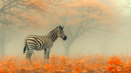 Fototapeta premium A zebra poses in a field, surrounded by trees in the background, and orange flowers dotting the foreground