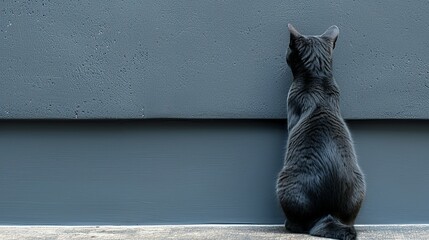   A cat balances on hind legs, gaze upward, paws against wall side of building