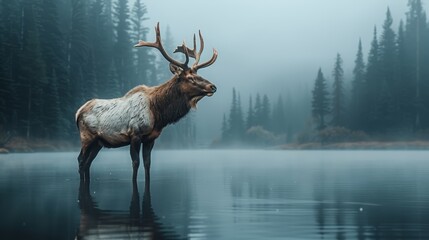   A moose stands in a body of water, surrounded by trees and shrouded in fog