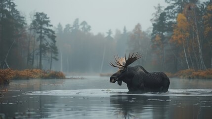   A moose in a body of water Trees line the background Fog softly pervades the background scene