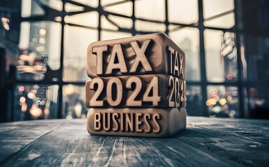 wooden cube block with tax 2024 business word on table background - obrazy, fototapety, plakaty