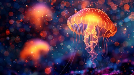   A tight shot of a jellyfish against a softly blurred backdrop, illuminated by a beaming bolt of light from above - obrazy, fototapety, plakaty
