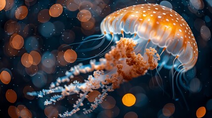   A tight shot of a jellyfish against a blue backdrop, with softly blurred lights in the depths - obrazy, fototapety, plakaty