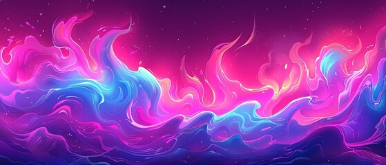   A painting of a purple and blue wave against a pink and purple background, adorned with stars in the sky above
