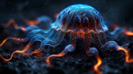   A tight shot of a jellyfish submerged in water, surrounded by vibrant orange and blue flames - obrazy, fototapety, plakaty