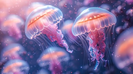   A tight shot of two jellyfish suspended in a water body, surrounded by more jellyfish in the backdrop - obrazy, fototapety, plakaty