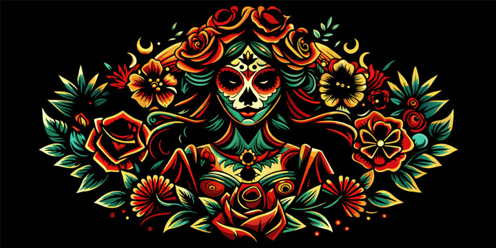 Mexican woman Mexico festive for festival dia de los muertos. Retro old school of female sugar skull for chicano tattoo