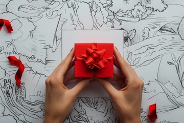 3D collage artwork featuring a hand holding a small red gift box resembling a card isolated on a...
