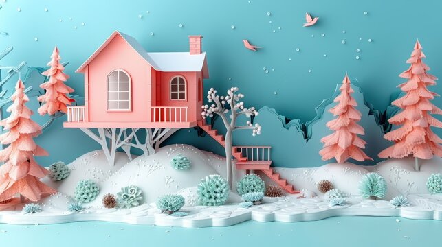   A pink house, paper-cut against a snowy hillbackdrop Trees surrounding, a bird aloft, flights above the house's rooftop