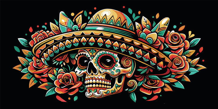 Mexico festive for festival dia de los muertos. Retro old school skull for chicano tattoo. Illustration of decorated mexican sugar skull with traditional sombrero, surrounded by ornate roses
