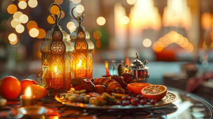 A table with a tray of food and lanterns. - obrazy, fototapety, plakaty