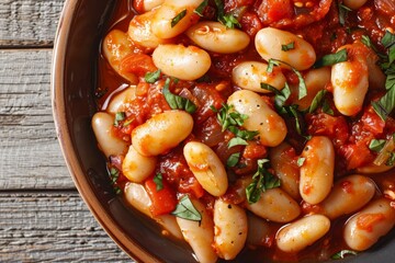 Close up view of beans in tomato sauce on a plate seen from above
