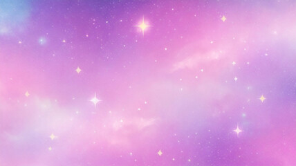 Fototapeta na wymiar Purple unicorn background. Pastel watercolor sky with glitter stars and bokeh. Fantasy galaxy with holographic texture. Magic marble space.