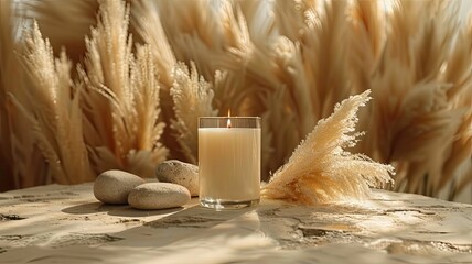 a single white candle, nestled among smooth rocks and delicate pampas grass on a soothing beige background, creating a mockup ideal for product design or branding with ample copy space.