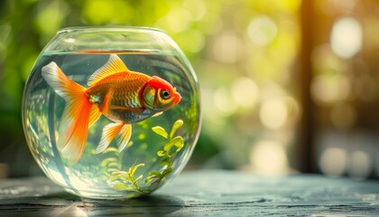 Closeup of a small goldfish in a round glass aquarium on an indoor table with space for text