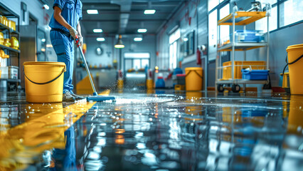 Unrecognizable silhouette of cleaning worker in overalls cleaning the wet floor of a warehouse with a mop and plastic buckets
