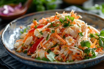 Closeup of crab and vegetable Kani salad with sweet spicy creamy dressing on table