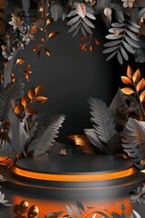 Botanical Inspired Black and Orange Background With Leaves and Flowers