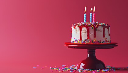 Colorful sprinkles on a vibrant pink background with a lit candle on a red stand for a birthday drip cake - obrazy, fototapety, plakaty