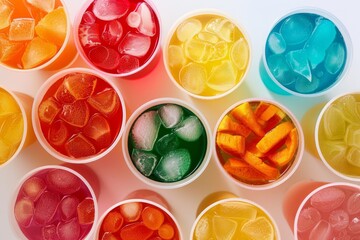 Top-down view of colorful iced drinks in various flavors