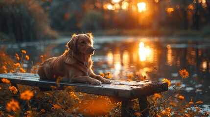 A carnivore dog rests on a bench by the water, in a natural landscape setting