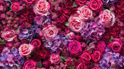 Fototapeta premium a wall adorned with a dense arrangement of pink roses and hydrangeas, seamlessly blending red, fuchsia, and purple hues, creating a mesmerizing floral background. SEAMLESS PATTERN