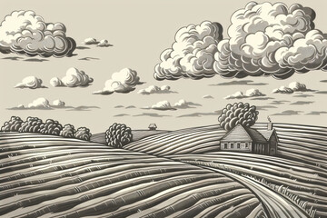 Rural landscape with farm on meadow. Engraving monochrome graphic style. Spring sunny field with grass or wheat. Farming, harvest, vineyard concept. Retro illustration for poster, banner, card